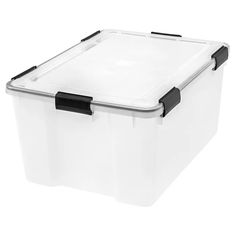 a large plastic storage box with black handles