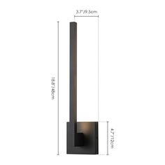 an image of a black wall light with measurements for the size and width on it