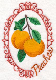 a white towel with oranges on it and the words peaches in an oval frame