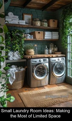 a washer and dryer in a small laundry room with plants on the shelves