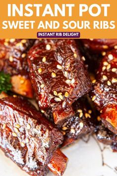 instant pot sweet and sour ribs on a plate with parsley sprinkles