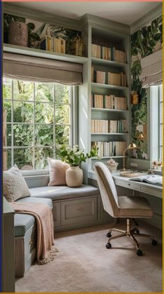 a home office with lots of bookshelves and plants in the window sill