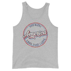 Gear up for summer holidays with our vintage style God Bless America unisex tank -- great for men or women! Graphic is distressed for that instant vintage vibe. Looking for more 4th of July gear? Check these out: https://www.etsy.com/shop/TheGraphicPeach?ref=seller-platform-mcnav§ion_id=33390667 Our shop uses direct-to-garment printing to make our products. The design ink is sprayed on, then allowed to soak into the fibers of the garment. This process yields fine quality prints and a smooth fini Memorial Day Casual Sleeveless Tank Top, 4th Of July Cotton Tank Top With Letter Print, Casual Sleeveless Tank Top For Memorial Day, Memorial Day Sleeveless Cotton Top, Independence Day Casual Cotton Tank Top, Patriotic Cotton Tank Top For Memorial Day, Sleeveless Cotton Tops For Memorial Day, Patriotic Cotton Tank Top, Cotton Tank Top For 4th Of July