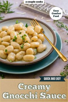 creamy gnocchi sauce on a plate with a fork