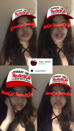 four pictures of a woman wearing a red and white hat with the words workin'life on it