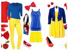 two different outfits are shown with red shoes and yellow pants, one is blue and the other is yellow