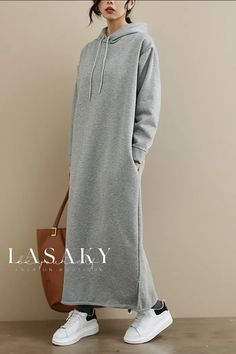 Lasaky - Durable Long Sleeve Dress with a Roomy Fit Sweat Dress Outfit, Dress In Autumn, Winter Plus Size, Sweat Dress, Korean Fashion Dress, Hooded Dress, Loose Dress, Sweatshirt Dress, Long Hoodie