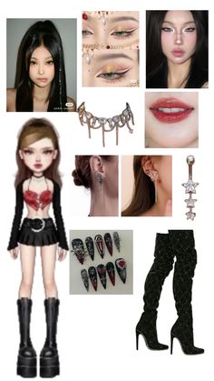 a collage of dolls and accessories including high heel boots, necklaces, lipstick, earrings