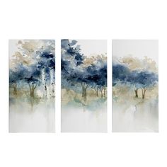 three paintings on the wall with trees painted in blue and white colors, each one being an abstract painting