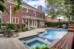 a backyard with a pool and patio furniture