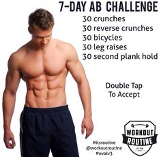 a man with no shirt on standing in front of a sign that says 7 - day ab challenge