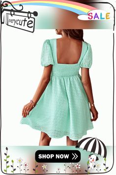 Solid Light Green Square Neck Short Sleeve Mini Dress Casual Mini Dress With Square Neck In Solid Color, Casual Mini Dress With Square Neck, Casual Mini Dress For Spring Outing, Trendy Solid Color Mini Dress For Vacation, Green Square, Short Sleeve Mini Dress, Mini Dress With Sleeves, Mini Dresses, Women Dresses