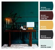 an image of a desk with candles on it and the color scheme is teal