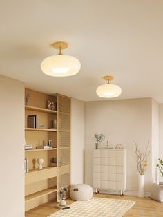 a living room filled with furniture and lots of lights on top of it's shelves