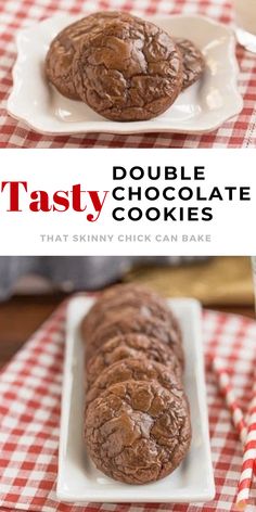 double chocolate cookies on a white plate with red and white checkered tablecloths