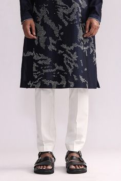 Navy chanderi kurta with thread placement hand embroidery. Comes with pant. - Aza Fashions Festive Blue Pants With Chikankari Embroidery, Traditional Blue Embroidered Pants, Traditional Blue Pants For Festive Season, Traditional Blue Pants For Festive Occasions, Traditional Embroidered Blue Pants, Blue Traditional Festive Pants, Traditional Blue Festive Pants, Traditional Blue Bottoms For Festive Occasions, Traditional Blue Bottoms For Festive Season