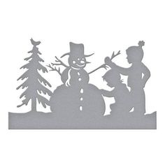 a snowman and two children standing in front of trees