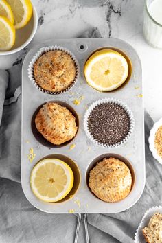 lemon and poppy seed muffins in a muffin tin