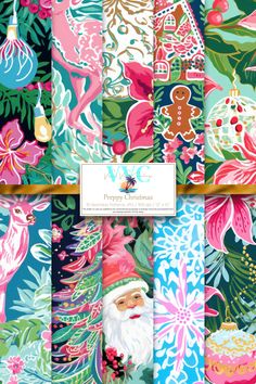 christmas digital paper set with santa claus and other holiday items in pink, blue, green and