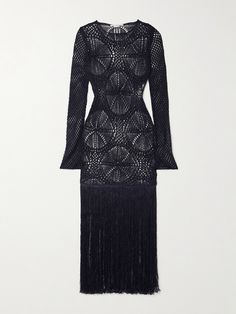 Stella McCartney's maxi dress is crocheted in an intricate pattern that resembles sand dollars. Designed for a close fit, it's edged with long fringing and works perfectly over a bikini or tonal underwear. 60’s Fashion, Beaded Dresses, Stella Mc, Sand Dollars, Dresses Classy, Crochet Maxi Dress, Crochet Maxi, Dress Images, Satin Gown