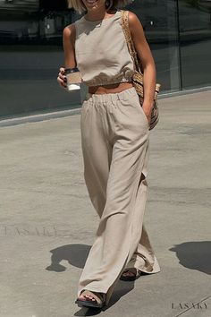 Lasaky - Sleeveless O Neck Two-Piece Set with Solid Color, Casual Style, and Chic Pocket Detail Baggy Linen Pants Outfit, Sleeveless Suit, Two Piece Pants Set, Linen Suit, Pants Suit, Summer 24, Casual Suit, Fashion Mode, Pant Set