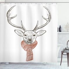 a shower curtain with a deer head wearing a scarf