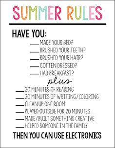 a poster with the words summer rules written in different colors and font, including an image of