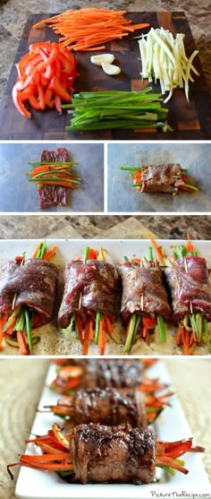 steak and carrots being prepared on a cutting board with the words balsami glazed steak