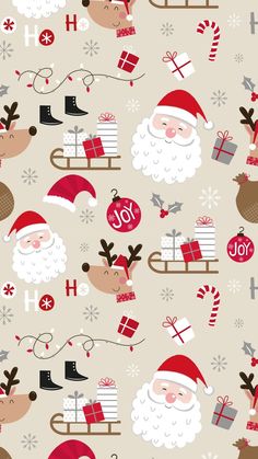 christmas wallpaper with santa claus, reindeers and other holiday related items on it