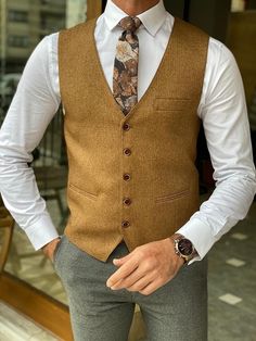 "Model Details: Height: 188cm, Weight: 172lbs | His Size: EU50 Size Chart is added in end of Photo Section ----------------------------------------------------------------- Product Details: Men Vest: (Vest) Style: Single Breasted Collection: GENTWITH Fall - WInter 2022/23 Product: Slim Fit Vest Color Code: Camel Size: EU46/US36 | EU48/US38 | EU50/US40 | EU52/US42 | EU54/US44 | EU56/US46 Suit Material: 25% Wool, 40% Viscose, 30% Pes, 5% Elestan Machine Washable: No Fitting: Slim-fit Package Inclu Coat For Men Wedding, Vest Groomsmen, Groom Vest, Wedding Vest, Colorful Vest, Formal Vest