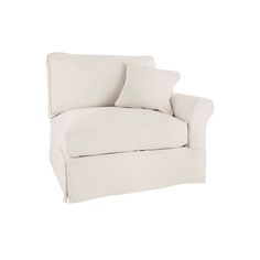 a white chair with two pillows on the back and one arm folded over it's head