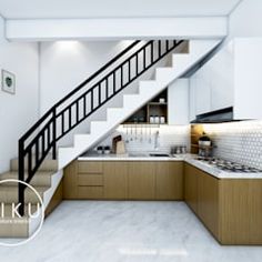 an open kitchen with stairs leading up to the upper floor, and white marble countertops