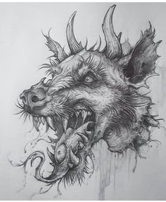 a drawing of a demon head with large horns