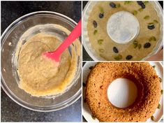 four pictures showing different stages of making an egg in a blender and then adding it to a cake