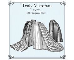 Truly Victorian TV263 - 1887 Imperial Skirt Add-on PRINT AT HOME sewing pattern on Letter or A4 paper.  Also includes AO format for professional printing.  Direct from trulyvictorian.com This skirt is particularly suited to the years 1887-1888, and to fit over the TV163 - Imperial Tournure bustle. It has three train options: View A is floor length all around, and is perfect as the base skirt for walking dresses. It has a wide front gore, and narrow side gore which extends back over the bustle to give a narrow, but extended look to the back of the dress. The full back panel has a burnous pleat at the center, which also acts as the closure. View B has a moderate length train, suitable for evening gowns. The front is the same as for view A. It also has gores added to the side back seams to he Victorian Skirt Pattern, Victorian Walking Skirt, Truly Victorian, Walking Skirt, Home Sewing, A4 Paper, Historical Clothing, Skirt Pattern, Pdf Sewing Patterns