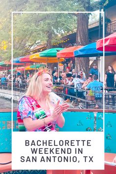 a woman standing in front of a pool with an umbrella over her head and the words bachelor weekend in san antonio, tx