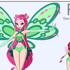 a cartoon fairy with pink hair and green wings