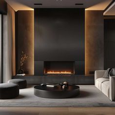 a modern living room with a fireplace in the center