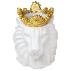 a white and gold lion head with a crown on it's head, against a white background