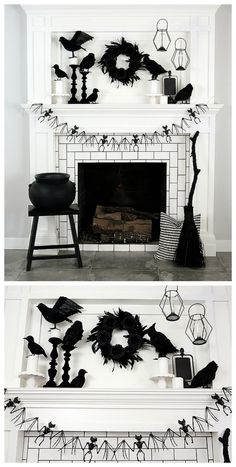 the fireplace is decorated with black and white decorations