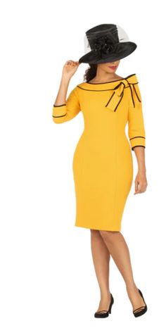 A boat neck yellow with black trimmed dress Fitted Formal Dress With Contrast Trim, Formal Fitted Dress With Contrast Trim, Elegant Yellow Office Dress, Elegant Yellow Dress For Work, Chic Yellow Formal Midi Dress, Fitted Yellow Midi Dress For Formal Occasions, Boat Neck Design, Dress Colors, Denim Maxi Dress