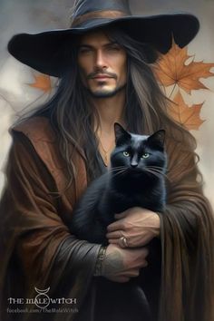 a painting of a man with long hair holding a black cat