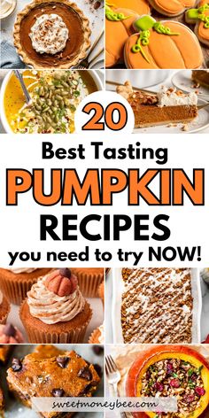 pumpkin pies and desserts with text overlay that reads 20 best tasting pumpkin recipes you need to try now