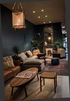 a living room filled with furniture and a fire place in the middle of it's walls