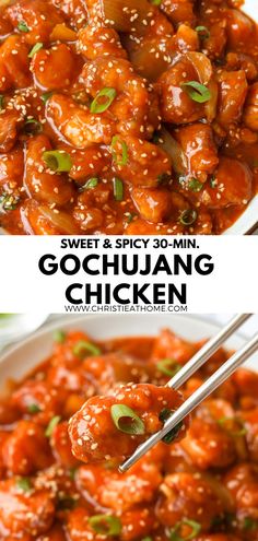 sweet and spicy gochuang chicken in a bowl with chopsticks