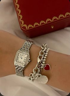 Silver bracelet stack with Tiffany‘s bracelet and Cartier watch Wrist Jewelry, Funky Jewelry