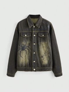 Women's Casual Spider Printed Washed Distressed Denim Jacket, Spring Autumn Grey Casual  Long Sleeve Woven Fabric Animal,Floral,Halloween,All Over Print Other Non-Stretch  Women Clothing, size features are:Bust: ,Length: ,Sleeve Length: Oversized Trendy Halloween Outerwear, Distressed Denim Jacket For Fall, Ripped Grunge Denim Jacket, Trendy Halloween Streetwear Outerwear, Vintage Ripped Denim Jacket For Fall, Oversized Gothic Outerwear For Fall, Casual Oversized Outerwear For Halloween, Grunge Long Sleeve Halloween Outerwear, Long Sleeve Grunge Halloween Outerwear