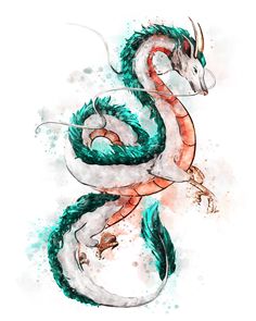 a watercolor painting of a dragon with green and red colors on it's body