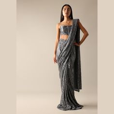 Buy Grey Indo-fusion Pre-stitched Saree Crafted in Shimmering Sequin Fabric It's Perfectly Paired With Matching Corset-style Off-shoulder Blouse Online in India - Etsy Blouse Corset, Sequins Saree, Saree Georgette, Saree Draping Styles, Traditional Sarees, Sequin Fabric, Blouse Online