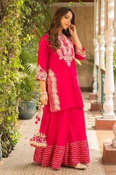 Rani pink kurta with thread embroidered floral jaal patterns embellished by cutdana. Comes with matching dhoti pant and dupatta. - Aza Fashions Pink Kurta, Rani Pink, Pink Thread, Dhoti Pants, Women Kurta, Straight Kurta, Pink Silk, Embroidered Silk, Aza Fashion